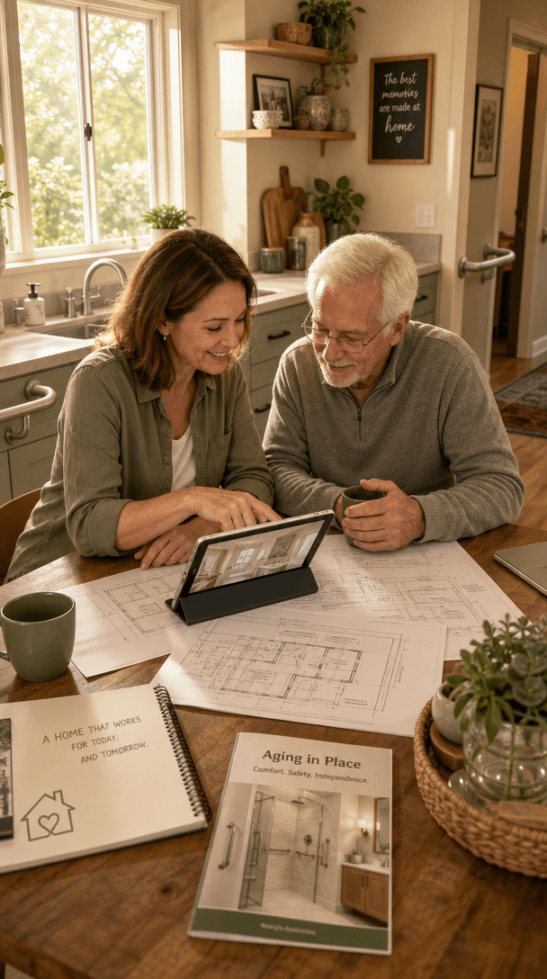 A family reviewing home modification plans at a kitchen table, with accessible features like lowered counters and grab bars integrated into the room design.
